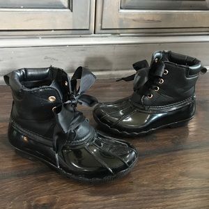 Black Satin-Laces Leather-upper Rainboots